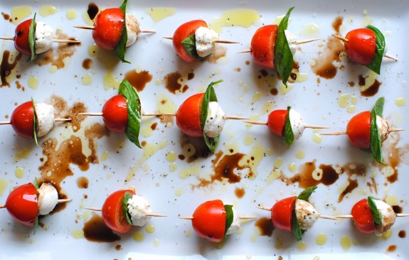 Mini-Caprese Skewers, see more at http://homemaderecipes.com/course/appetizers-snacks/12-thanksgiving-appetizers/