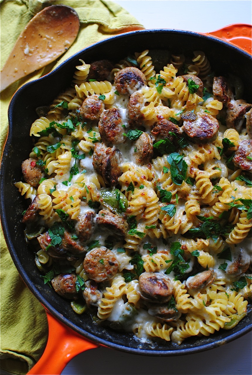 Skillet Pasta with Chicken Sausages and a Creamy Roasted Green Pepper ...