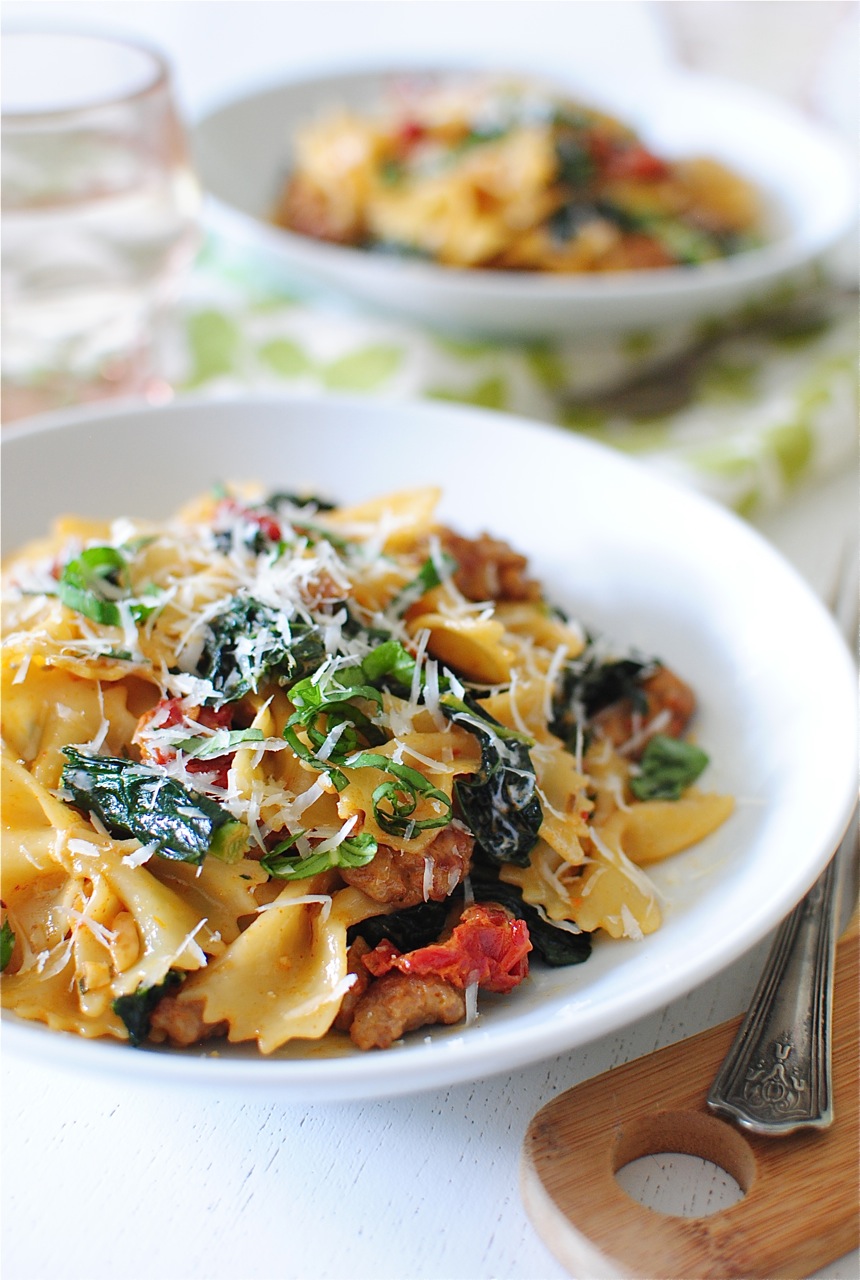 Creamy Bow Tie Pasta with Kale and Sausage | Bev Cooks