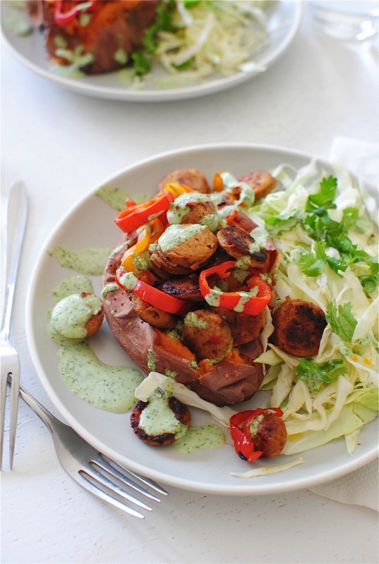 Baked Sweet Potatoes with Chicken Sausages, Peppers and a Cilantro Sauce