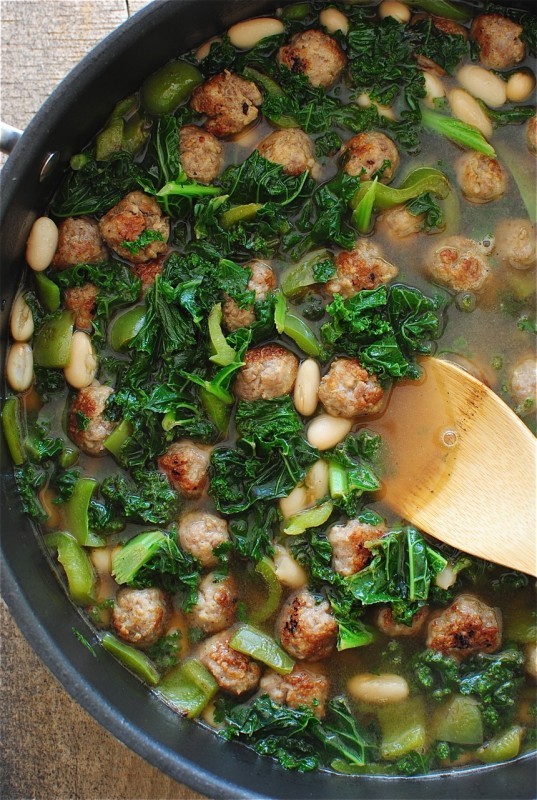 Soup with Sausage Meatballs, White Beans and Kale / Bev Cooks