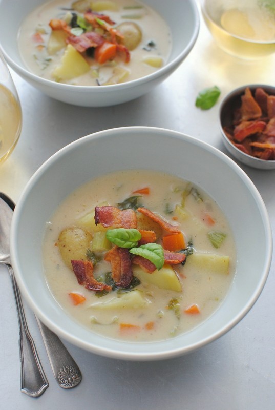 Creamy Potato Soup with Bacon and Basil / Bev Cooks