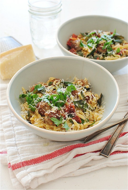 Orzo with Collard Greens, Sausage Meatballs and Sundried Tomatoes / Bev Cooks
