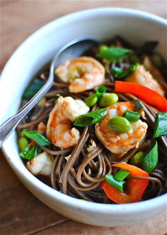 Soba Noodle Soup with Shrimp and Veggies / Bev Cooks