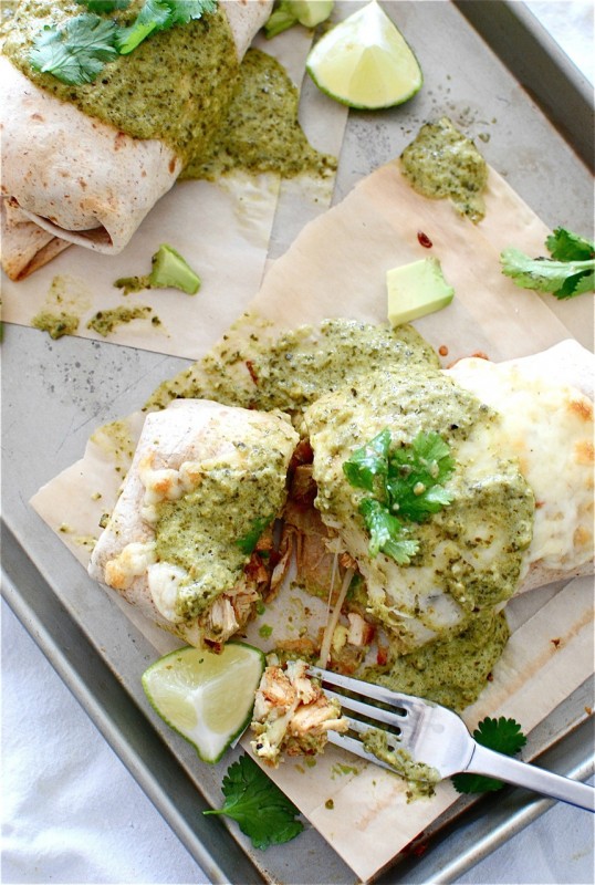Baked Chicken and Avocado Burritos with a Creamy Roasted Poblano Sauce / Bev Cooks