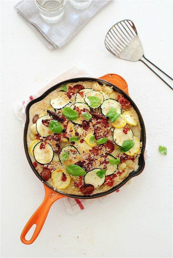 Creamy Gnocchi, Sausage and Veggie Skillet Bake | Bev Cooks