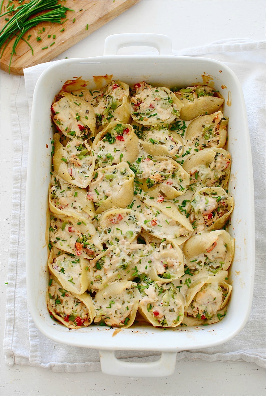 Chicken and Broccoli Stuffed Shells with a Creamy Chive Sauce - Bev Cooks