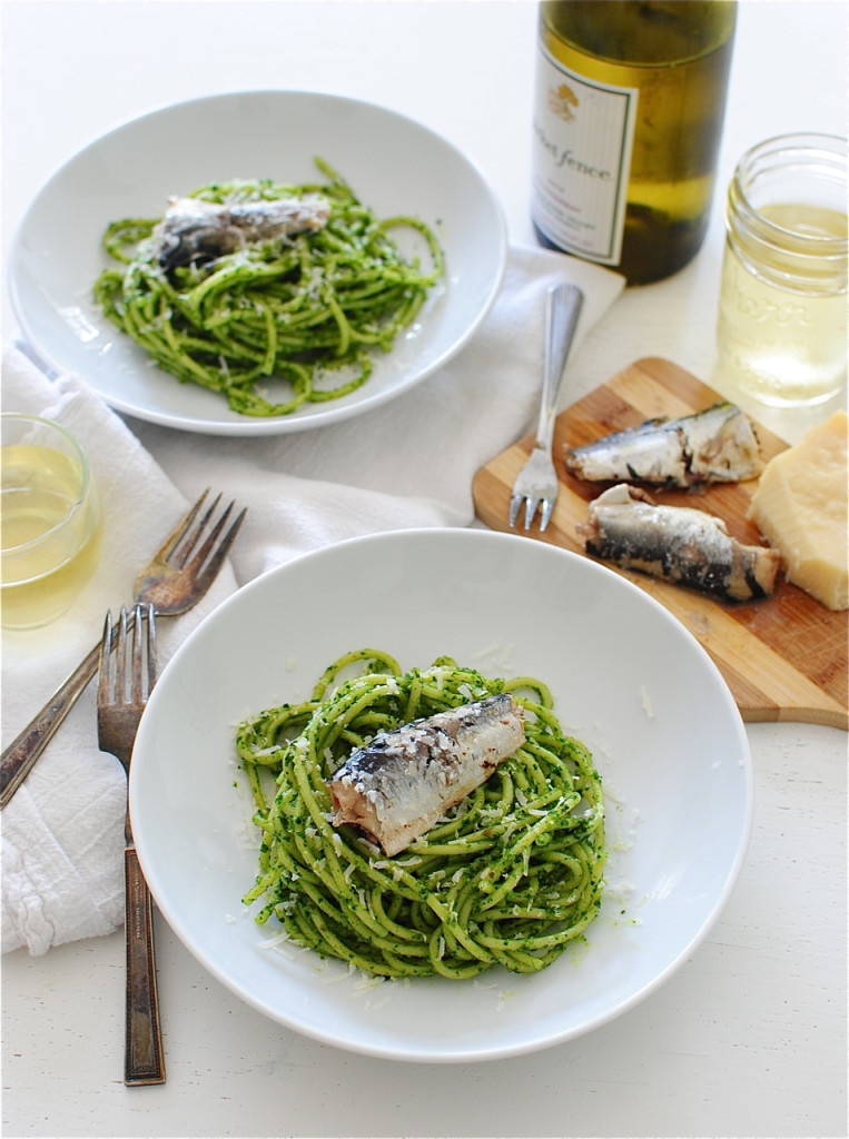 Bucatini Pasta with Kale Pesto and Sardines / Bev Cooks