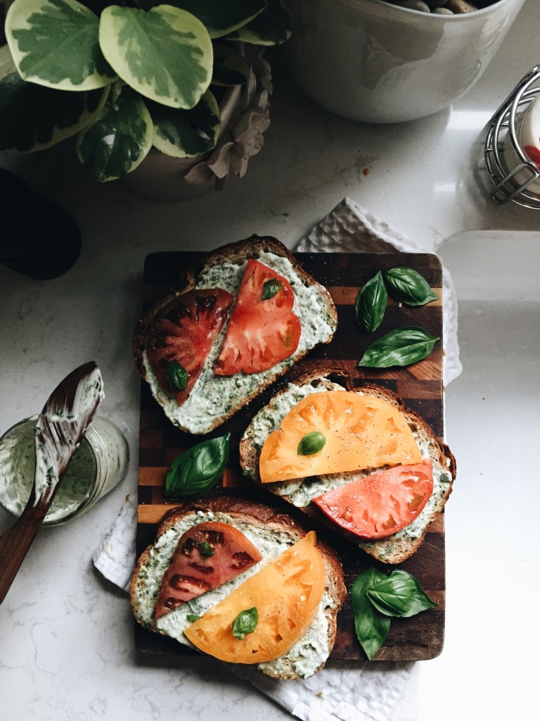 Open-Faced Heirloom Tomato and Basil Sandwiches / Bev Cooks
