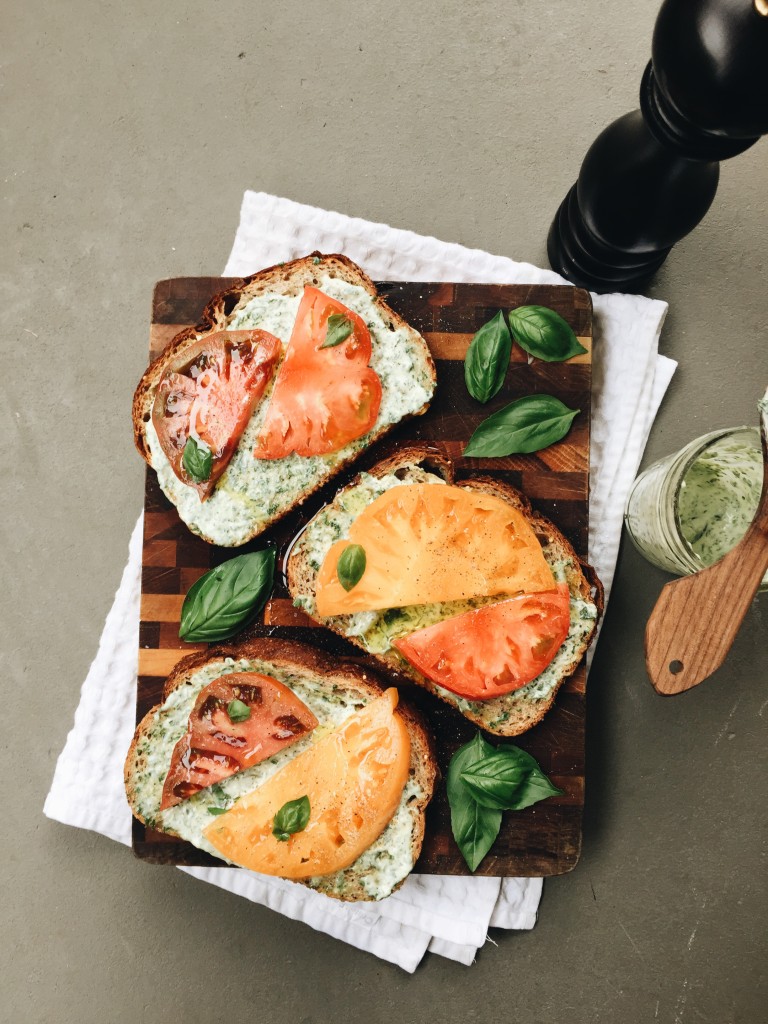 Open-Faced Heirloom Tomato and Basil Sandwiches / Bev Cooks
