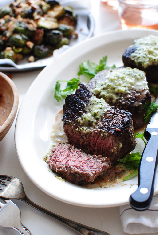 Creamy Roasted Hatch Chile Sauce with Steak and Roasted Brussels Sprouts / Bev Cooks