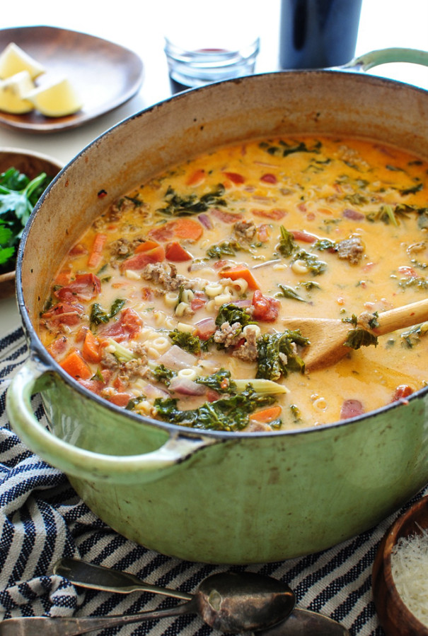 Creamy Sausage and Kale Soup / Bev Cooks