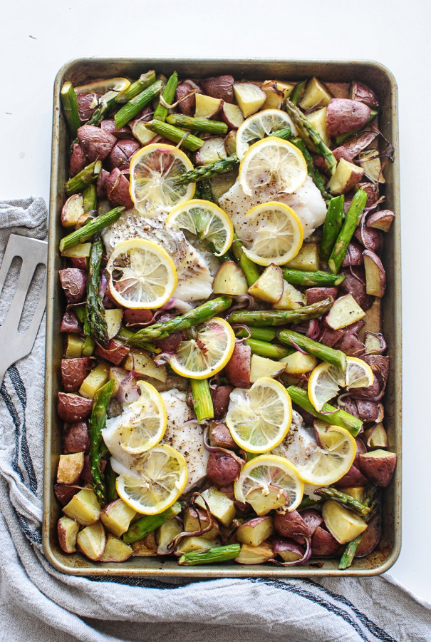 Baked Cod with Potatoes and Asparagus / Bev Cooks