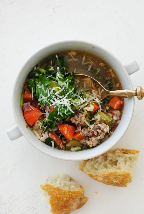 Spring Soup with Italian Sausage, Rice and Veggies / Bev Cooks