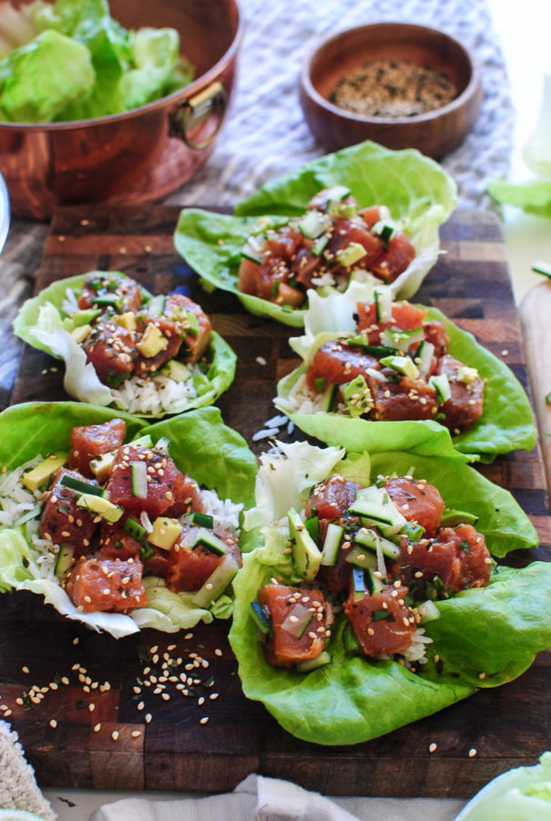 Spicy Tuna Poke Lettuce Wraps / Bev Cooks