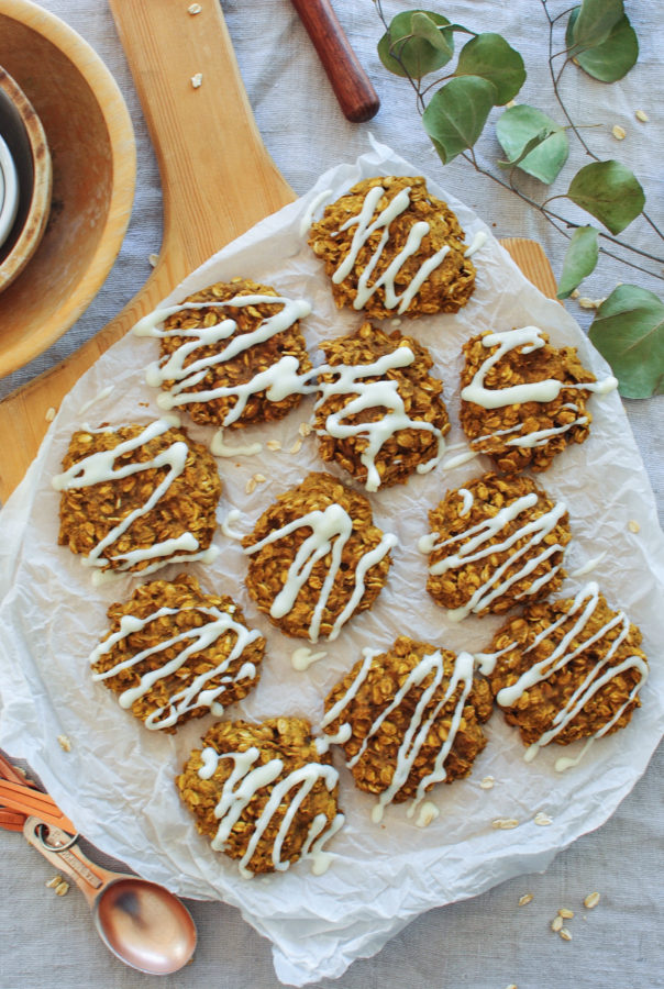 Pumpkin Oatmeal Cookies with a Cream Cheese Glaze / Bev Cooks