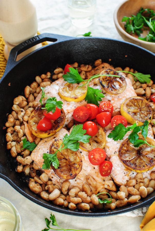 Skillet Salmon with White Beans and Charred Lemon / Bev Cooks
