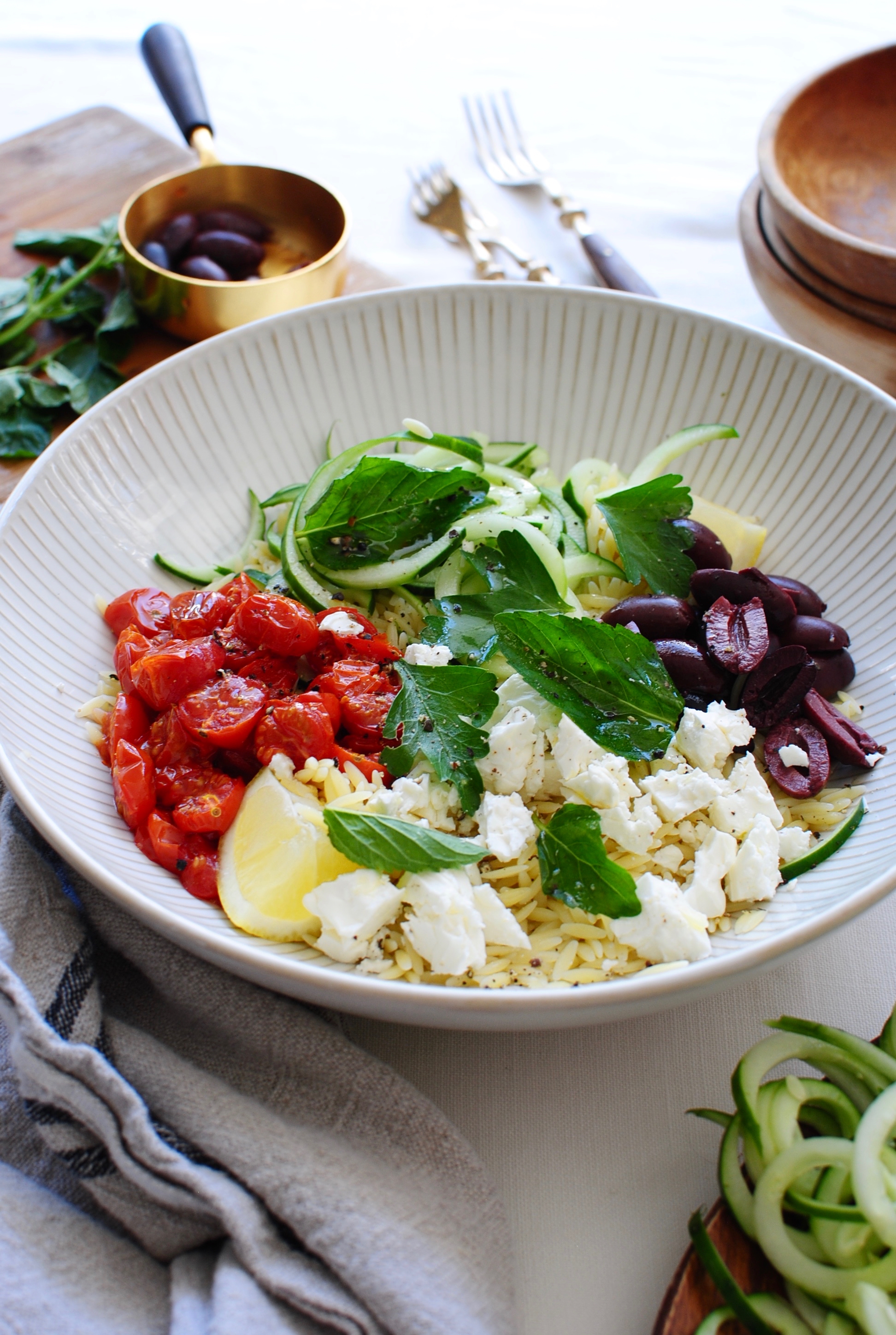 Greek Orzo Pasta Salad / Bev Cooks