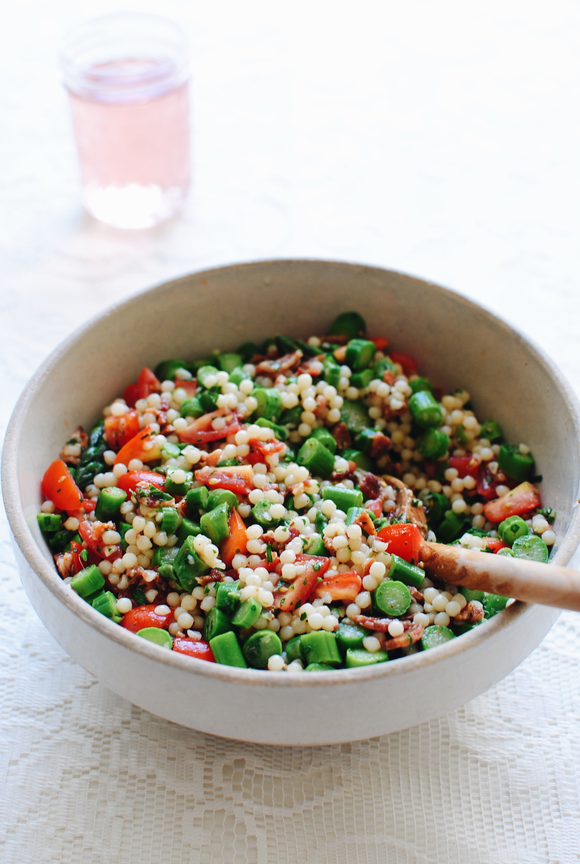 Israeli Couscous Salad with Asparagus and Bacon / Bev Cooks