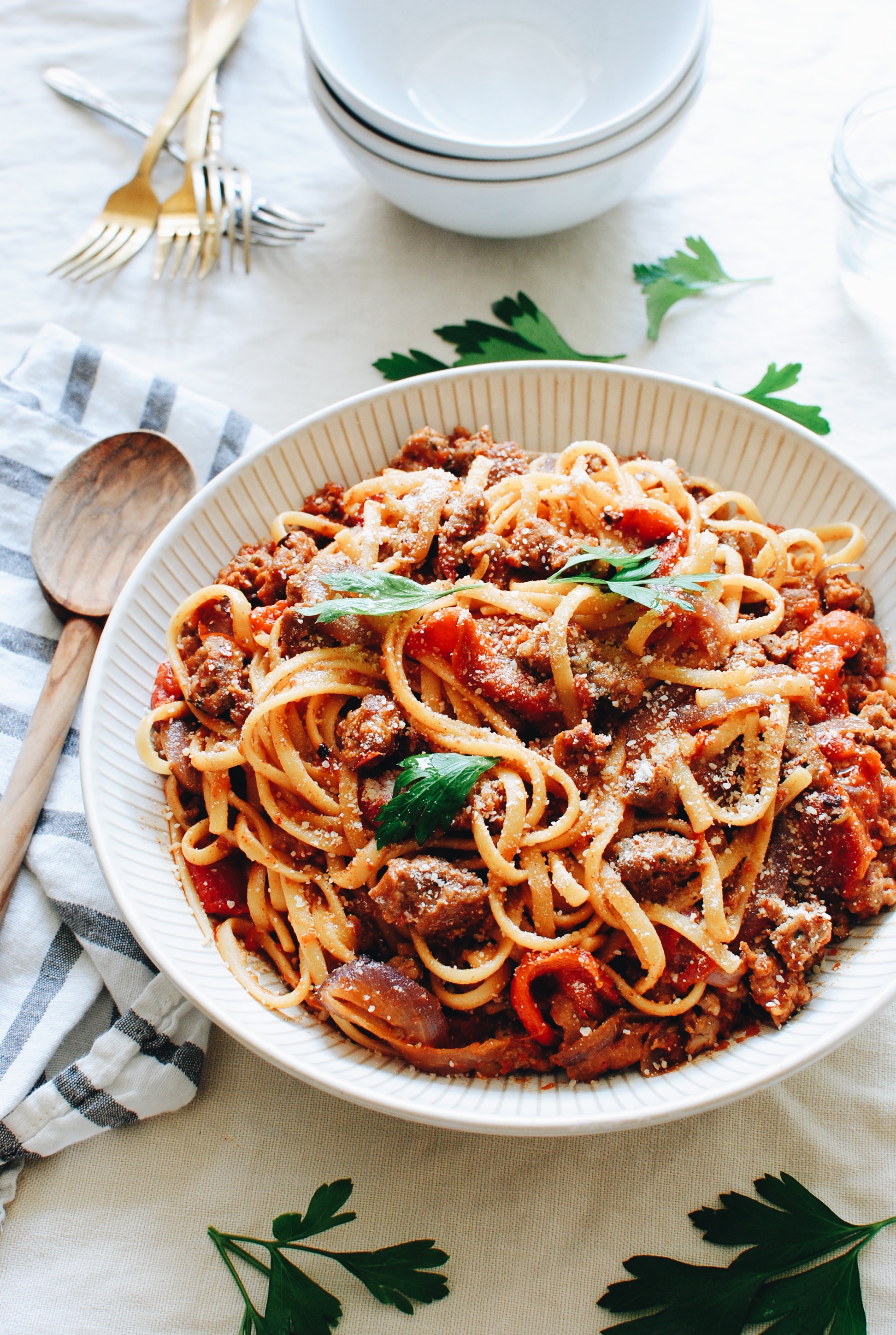 Linguine with Roasted Red Peppers, Italian Sausage and Onions | Bev Cooks