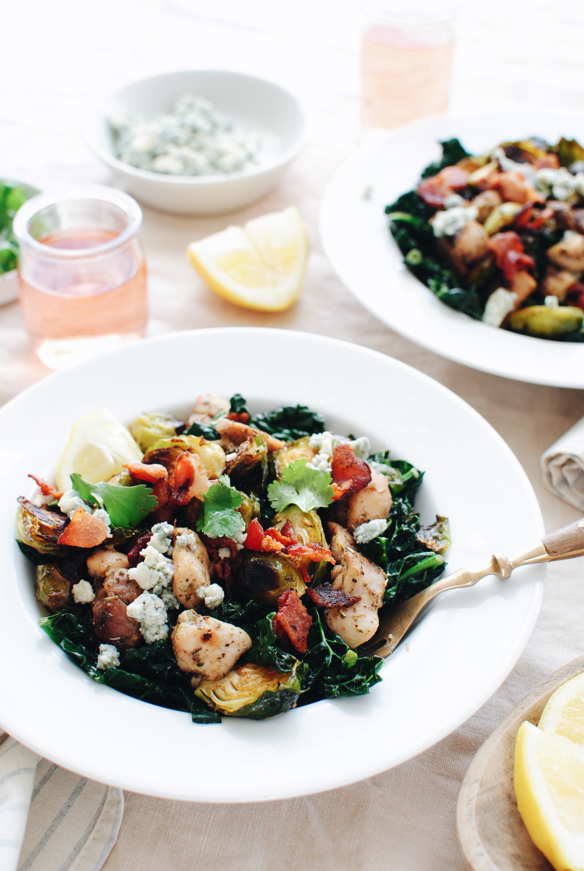 Roasted Brussels Sprouts with Kale, Chicken and Bacon / Bev Cooks