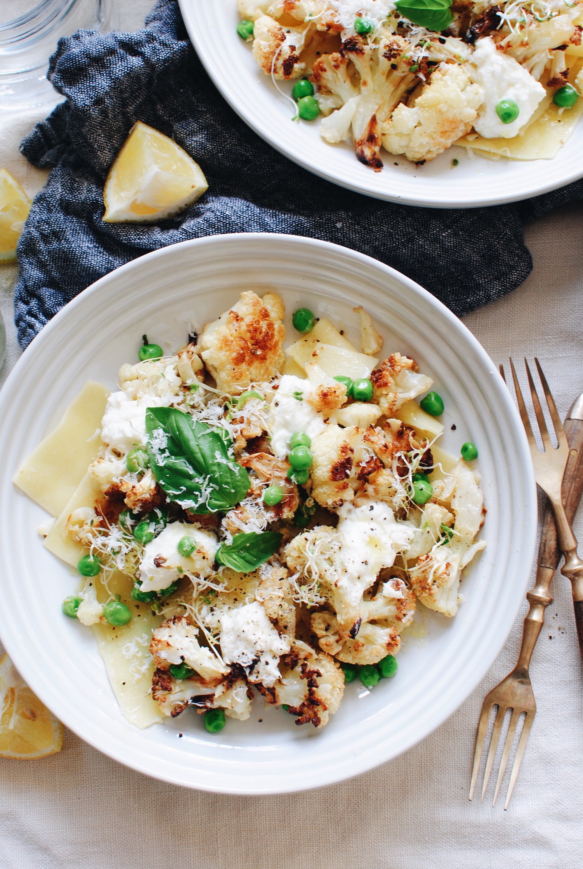 Free-Form Lasagna with Roasted Cauliflower and Peas / Bev Cooks