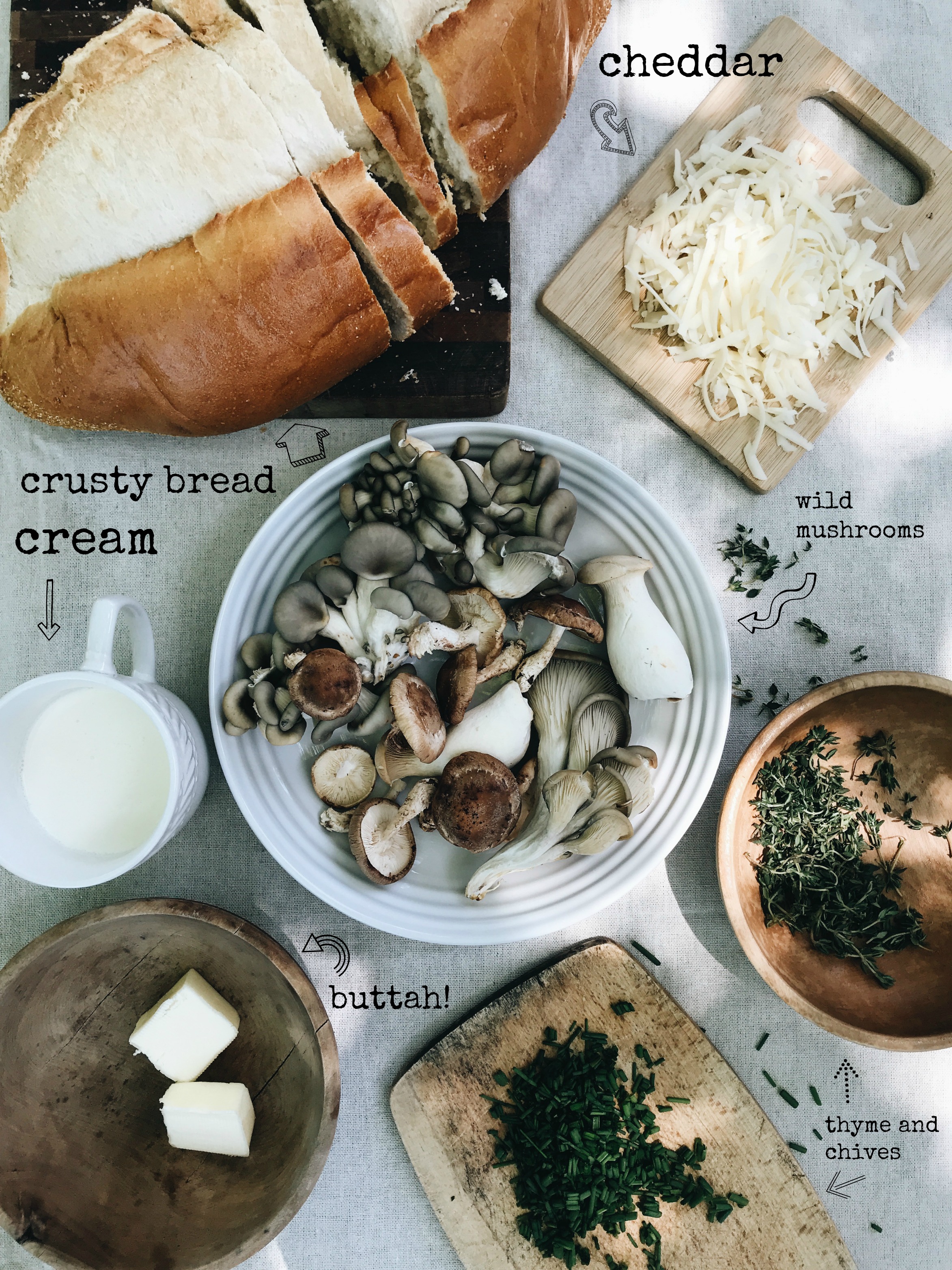 Creamy Wild Mushrooms with Crusty Bread and Cheese / Bev Cooks