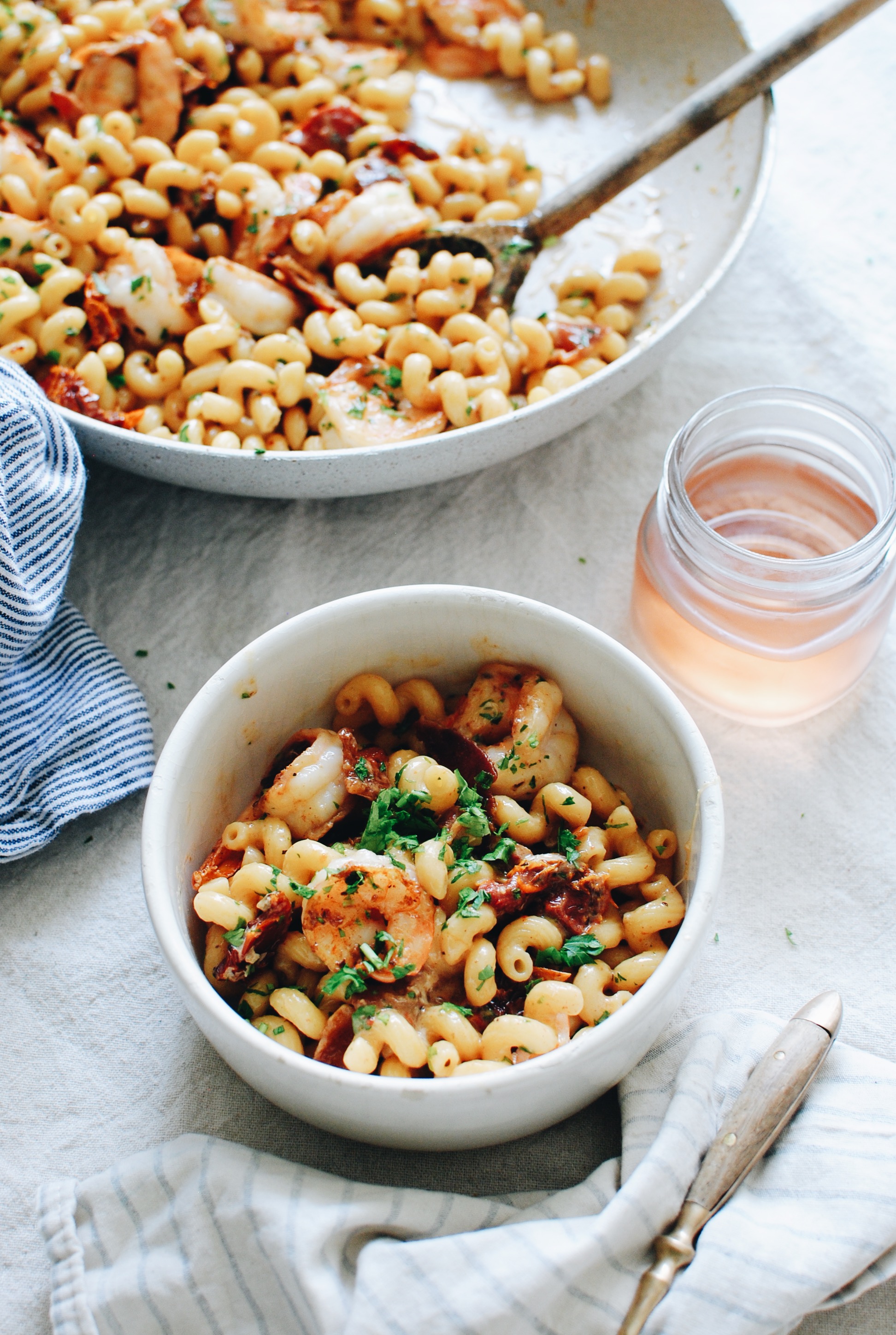 Cheesy Shrimp Pasta with Sun-Dried Tomatoes and Bacon / Bev Cooks