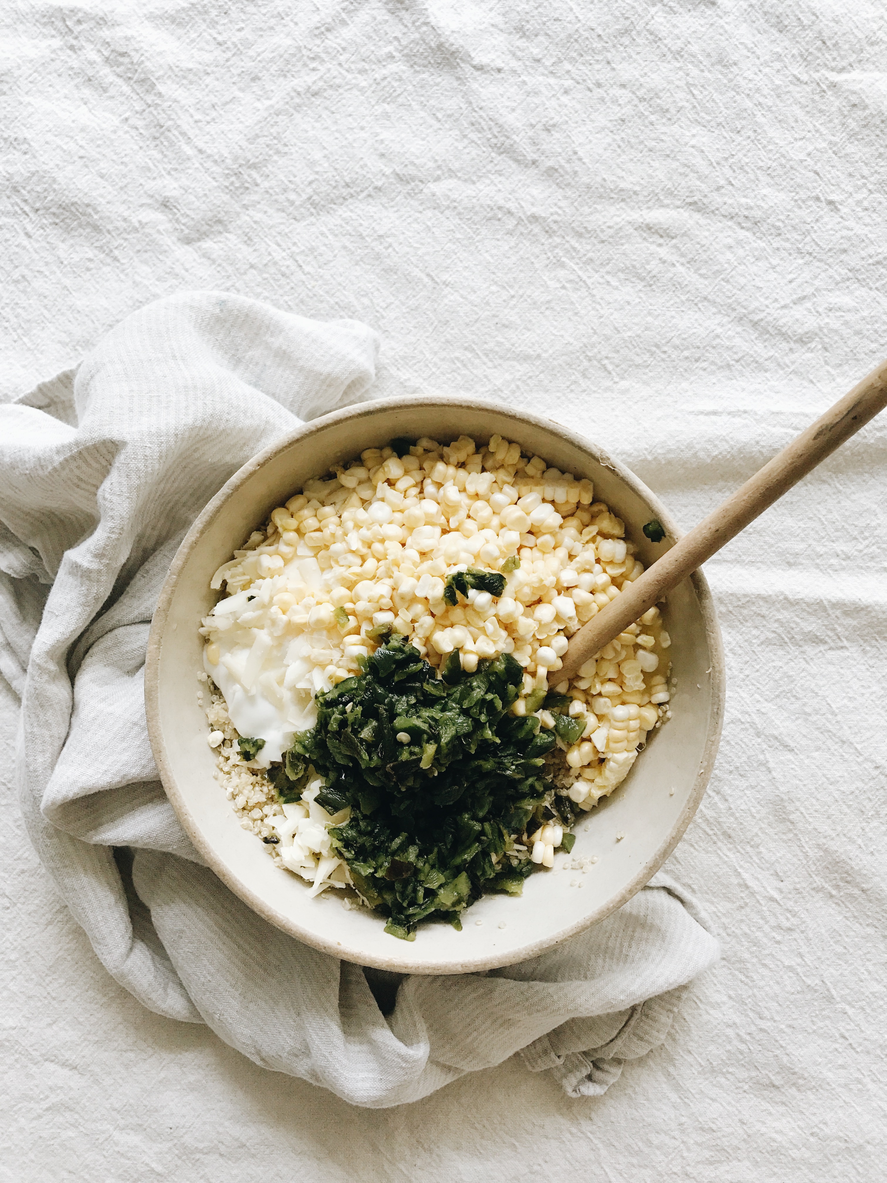 Roasted Poblano Corn and Quinoa Casserole / Bev Cooks