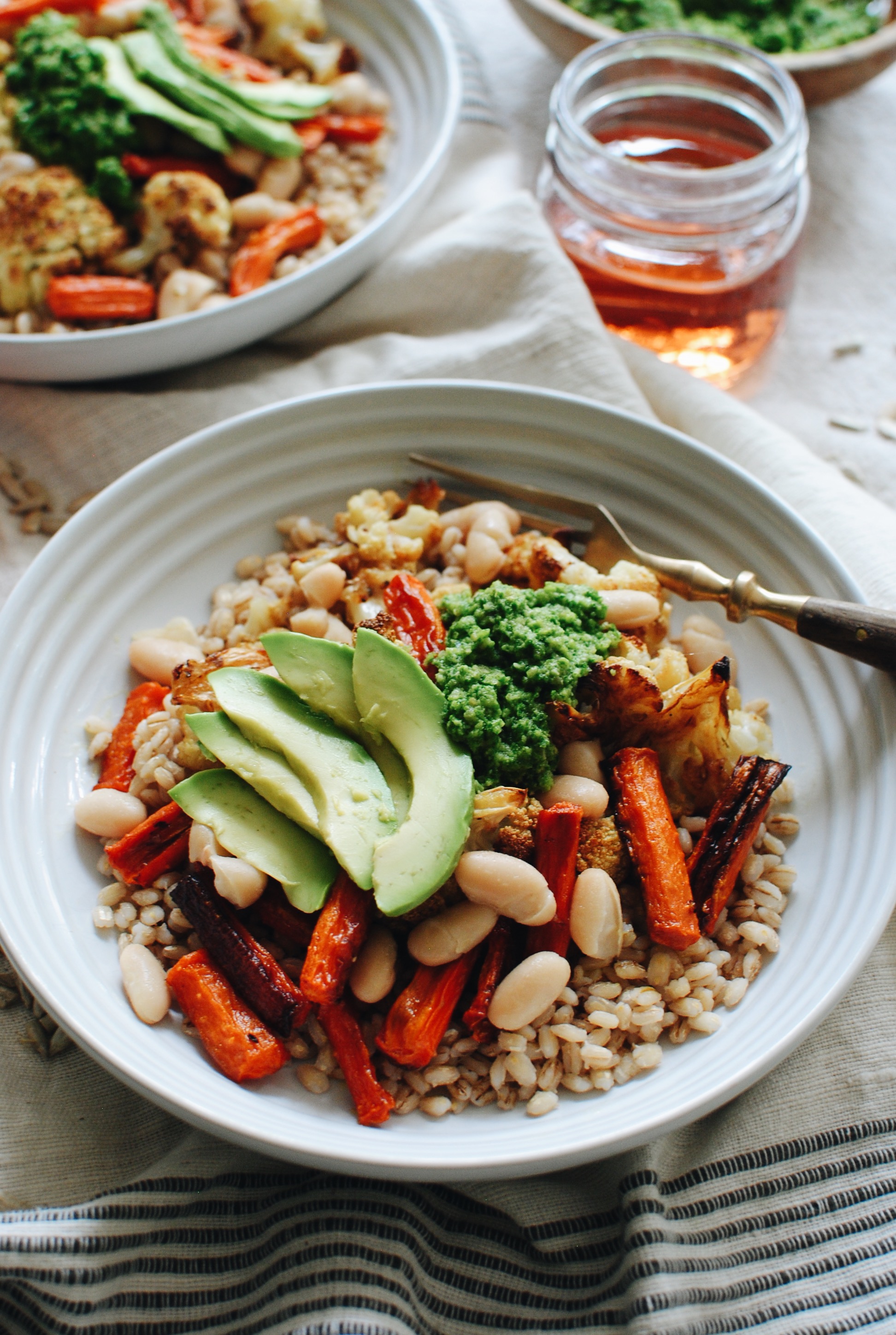 Roasted Vegetable Grain Bowl with Kale Pesto / Bev Cooks