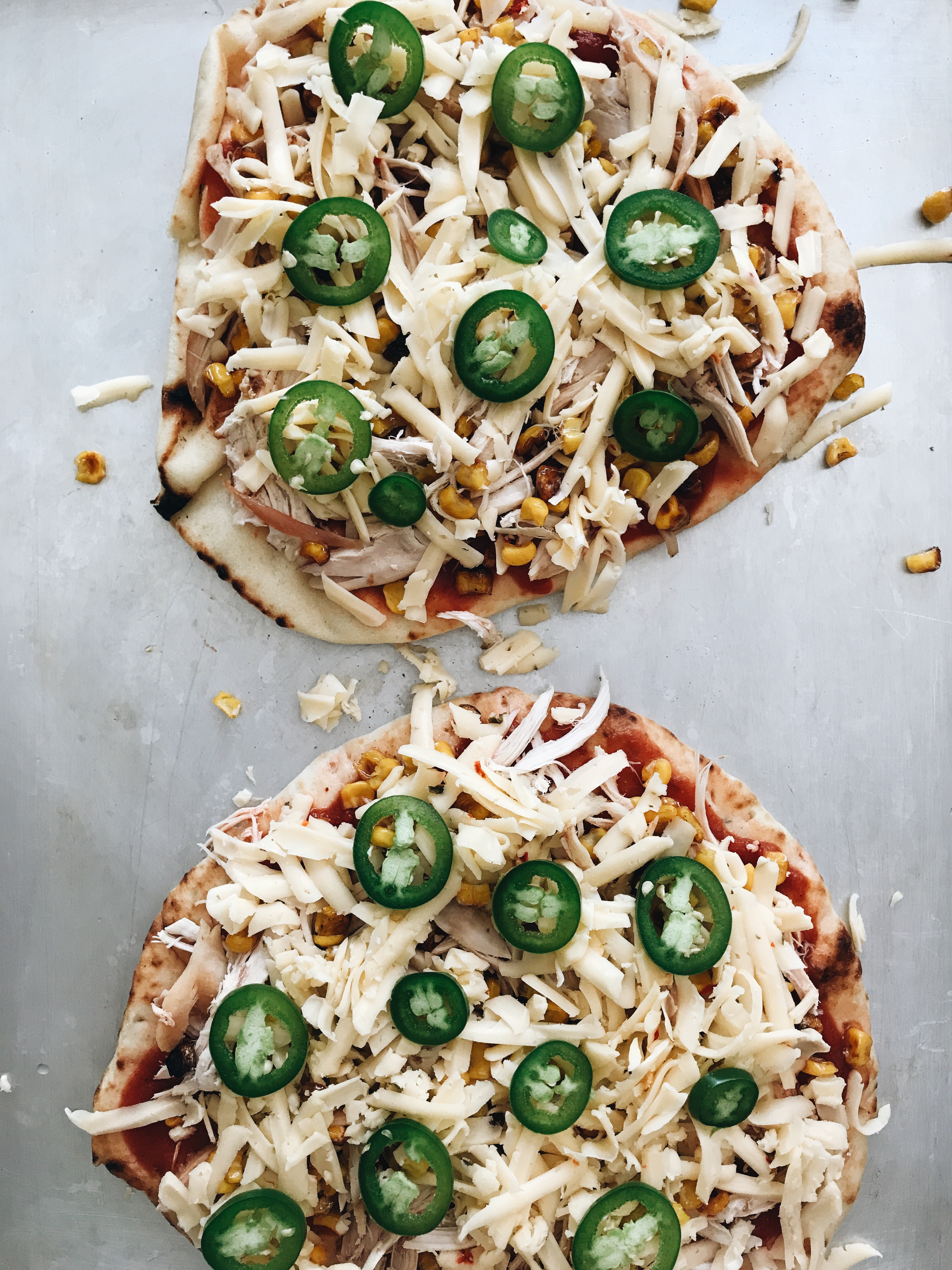 Chicken and Jalapeno Havarti Naan Pizzas / Bev Cooks