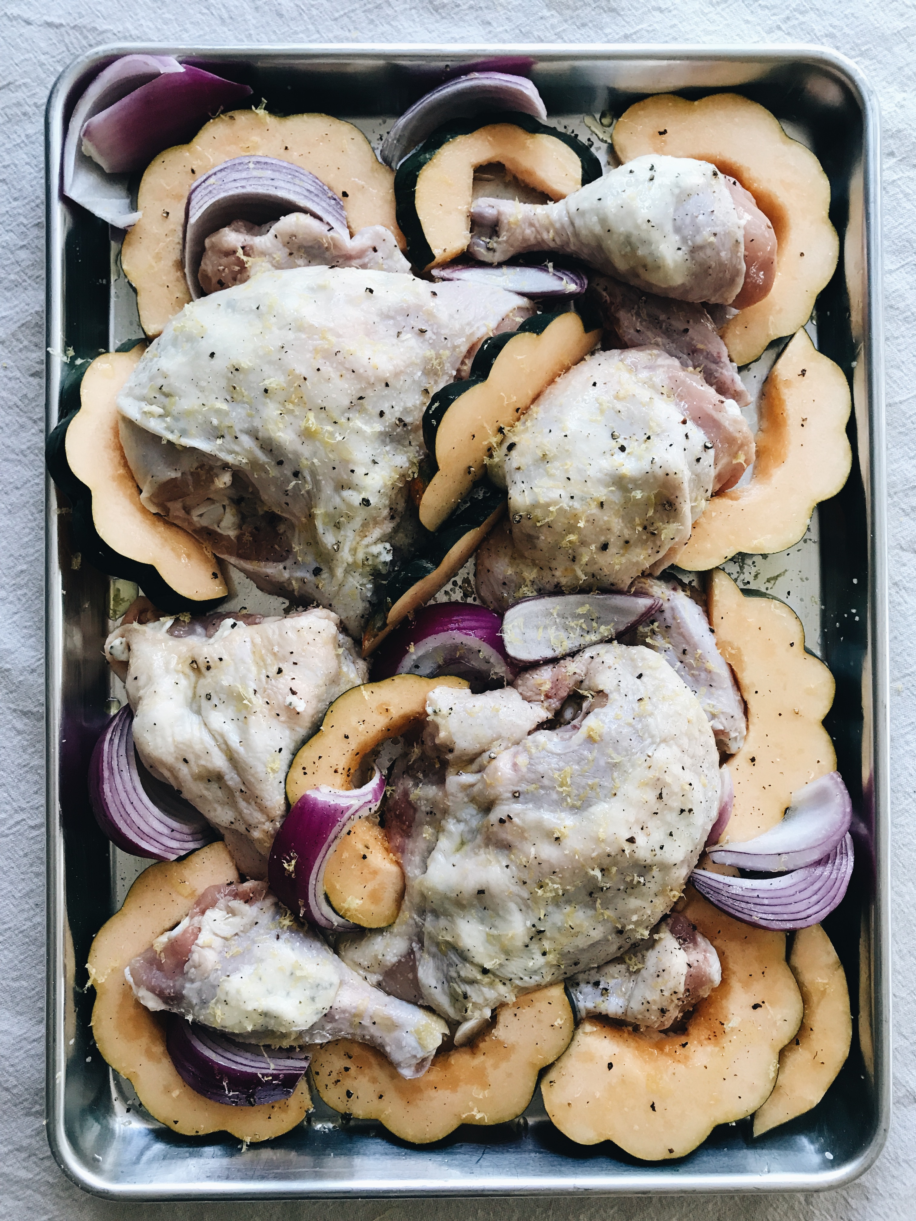 Sheet Pan Roasted Chicken with Wine Butter and Squash / Bev Cooks