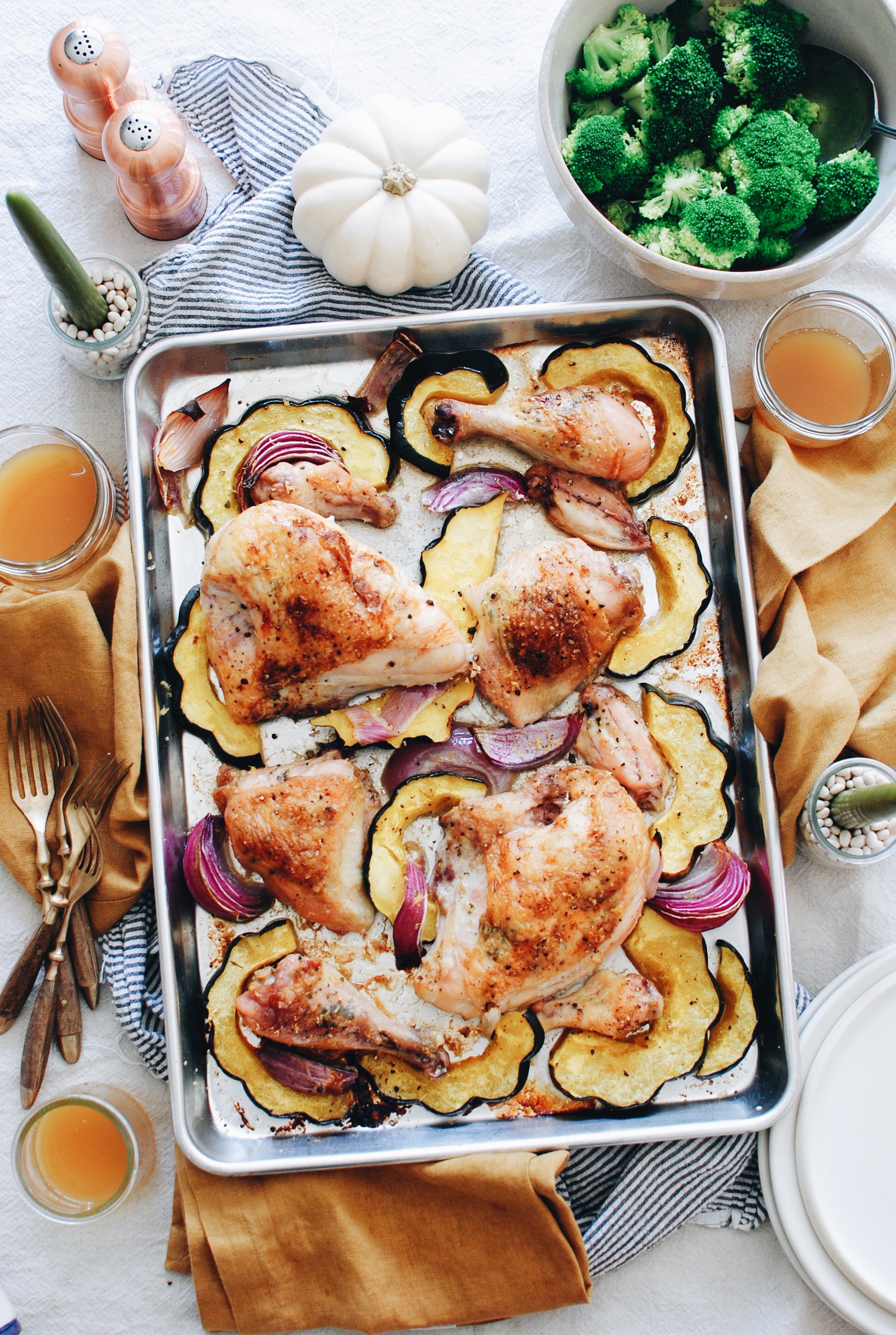 Sheet Pan Roasted Chicken with Wine Butter and Squash / Bev Cooks