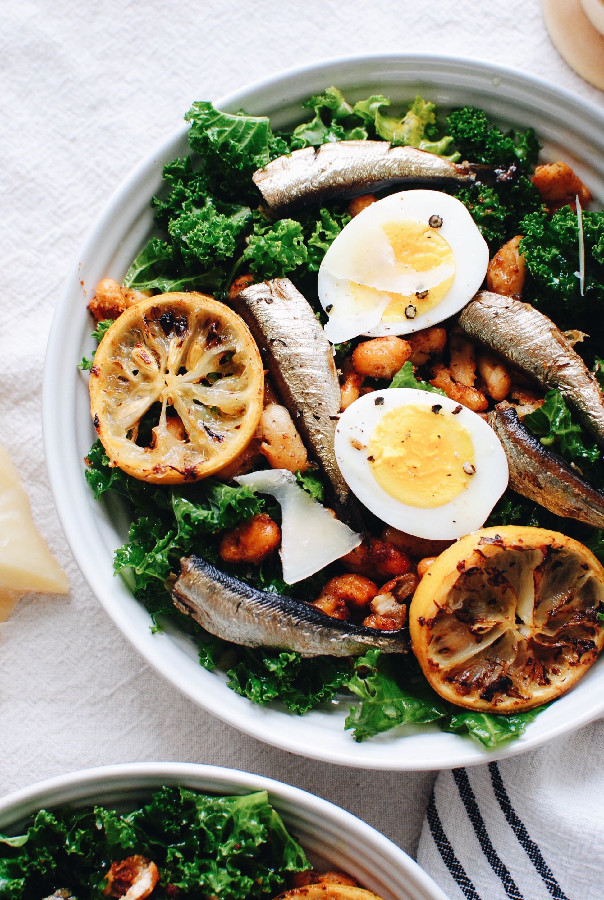 Kale Salad with Roasted Sardines and Beans / Bev Cooks