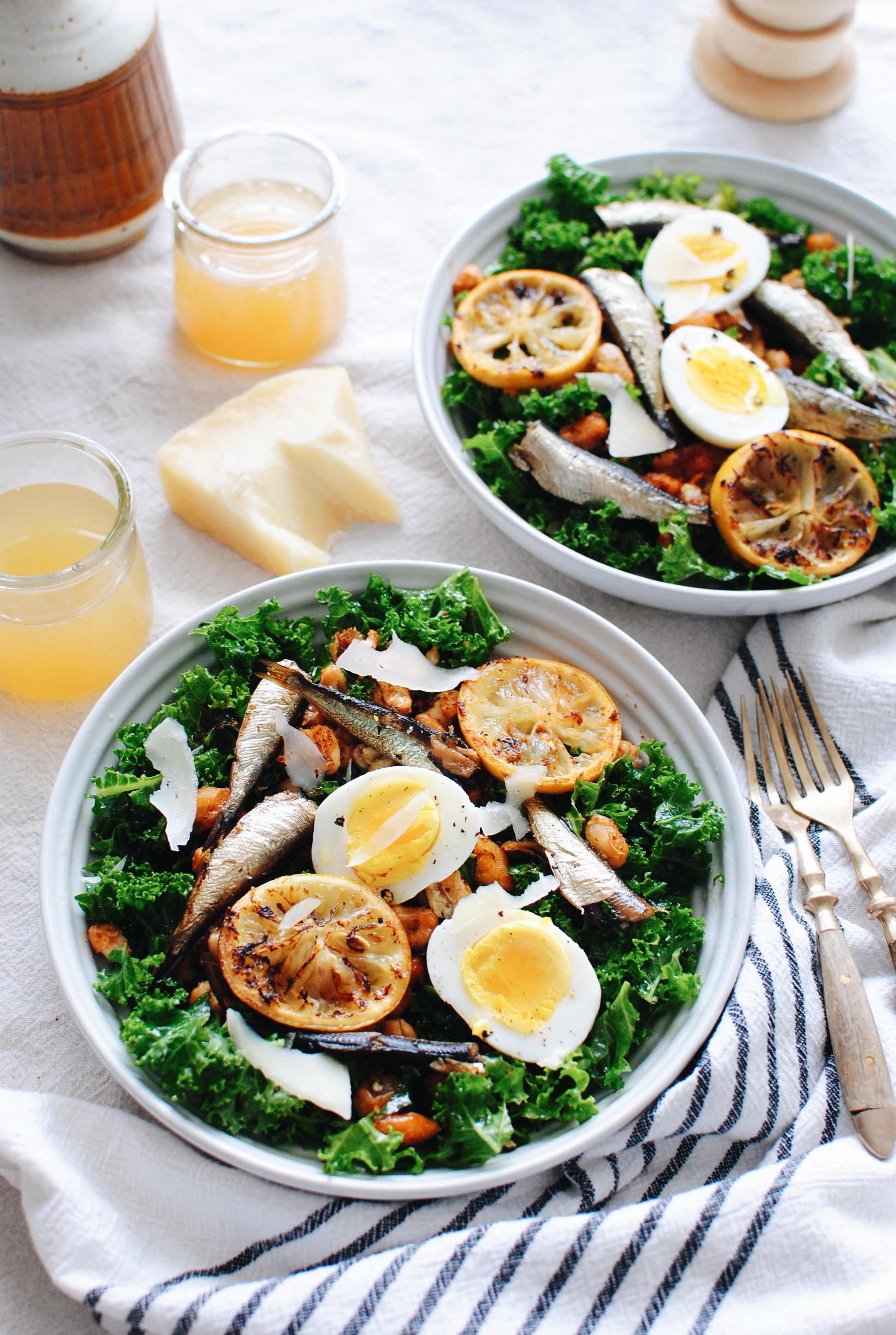Kale Salad with Roasted Sardines and Beans / Bev Cooks