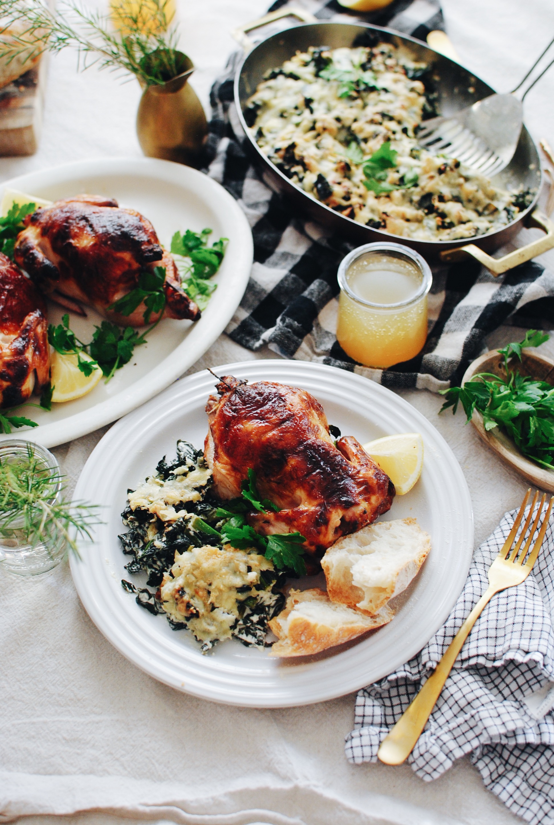 Buttermilk-Brined Cornish Game Hens with a Rustic Kale Gratin / Bev Cooks