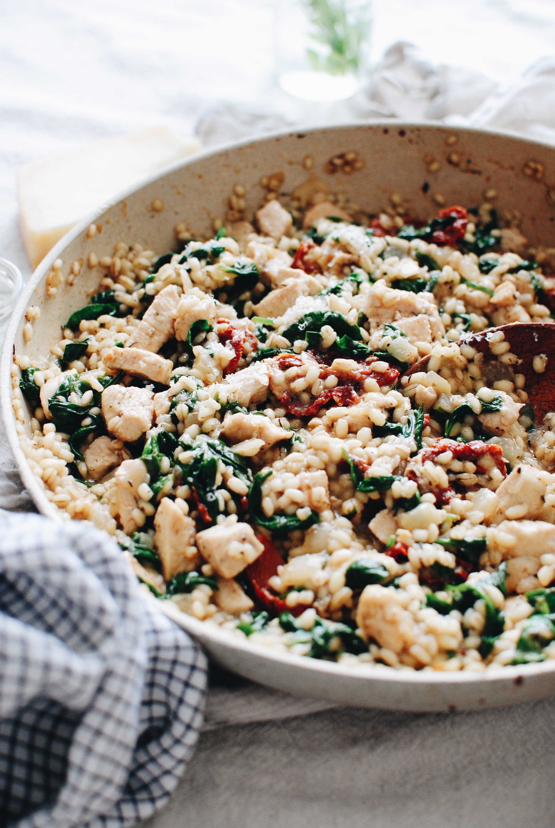 Barley Risotto with Chicken, Spinach and Sun-dried Tomatoes / Bev Cooks