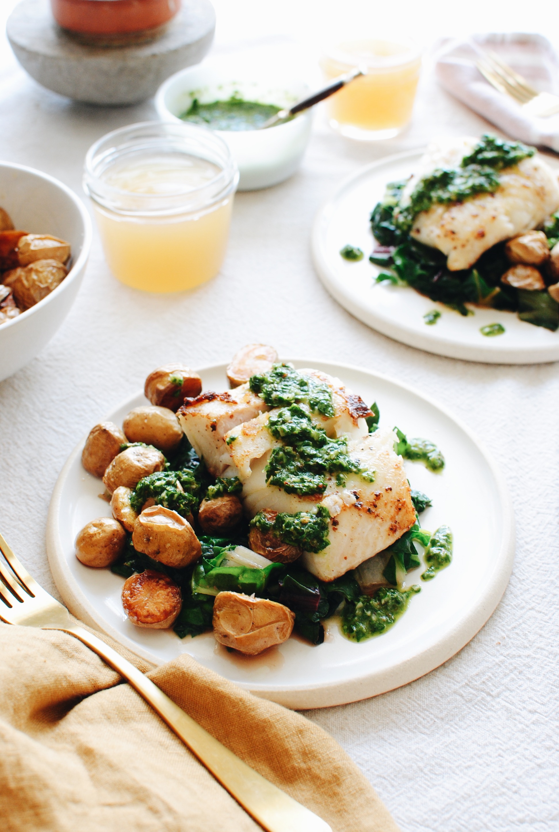 Halibut with Roasted Potatoes, Swiss Chard and a Chimichurri Sauce / Bev Cooks
