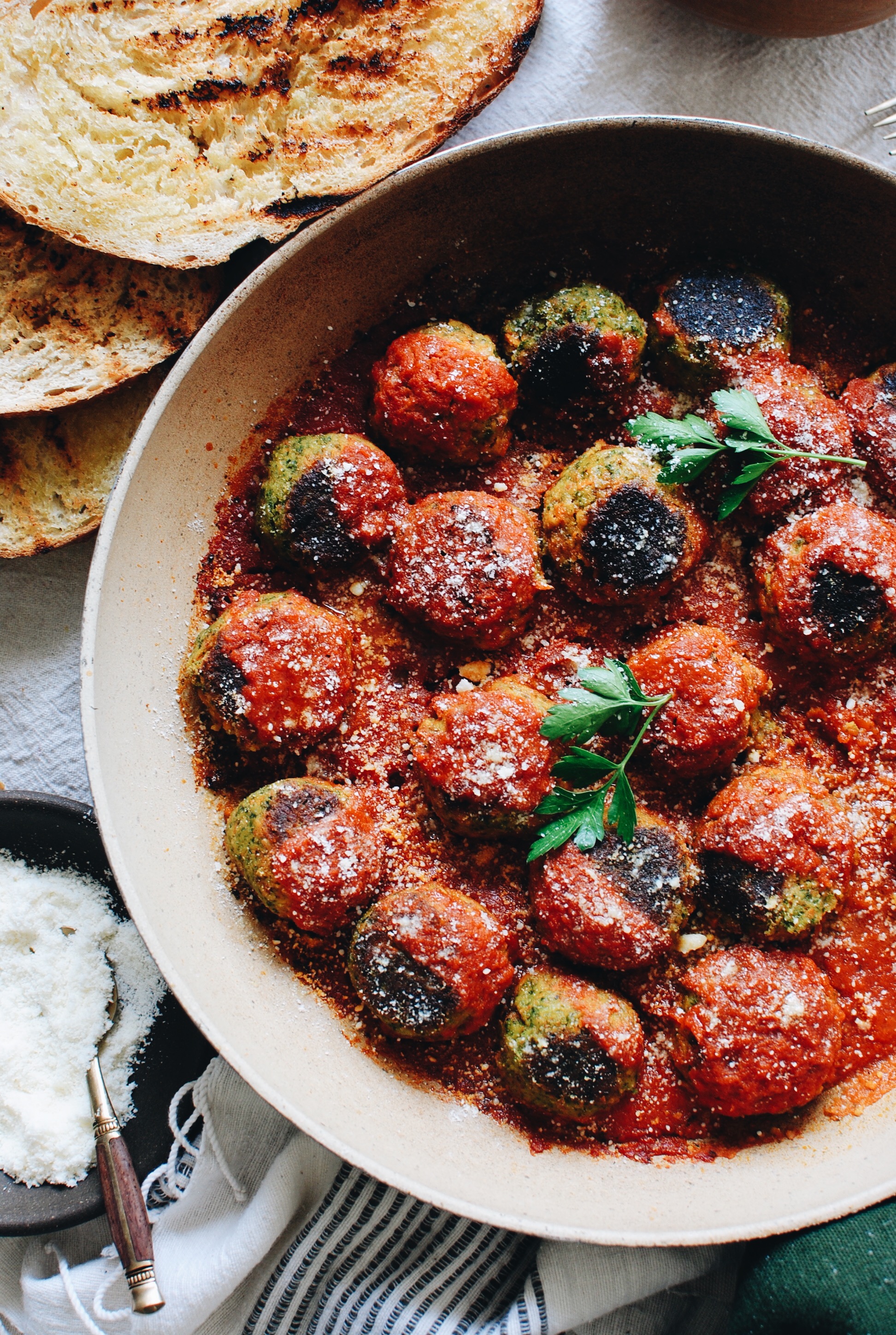 Vegetarian Meatballs with Grilled Bread | Bev Cooks