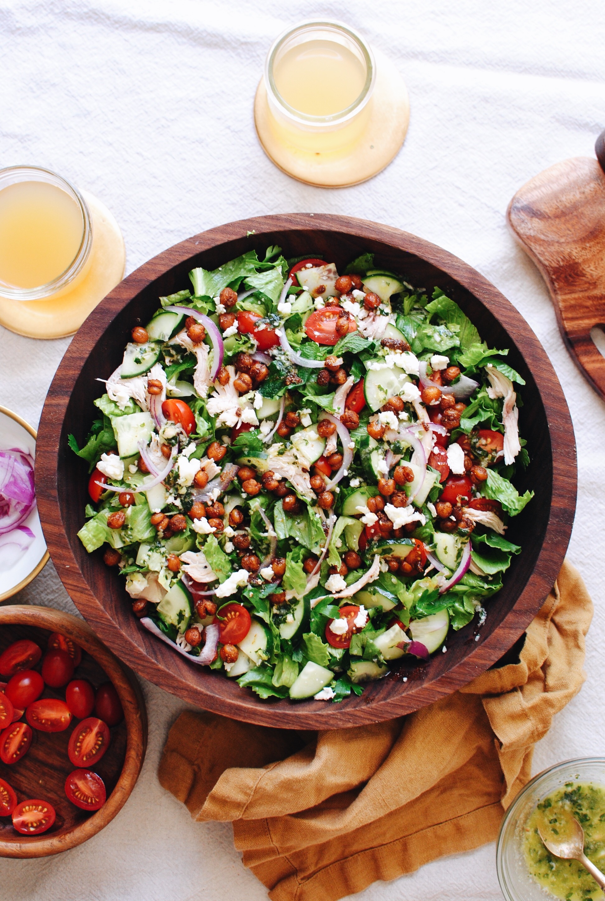 Loaded Greek Salad with Chicken and Crispy Chickpeas / Bev Cooks