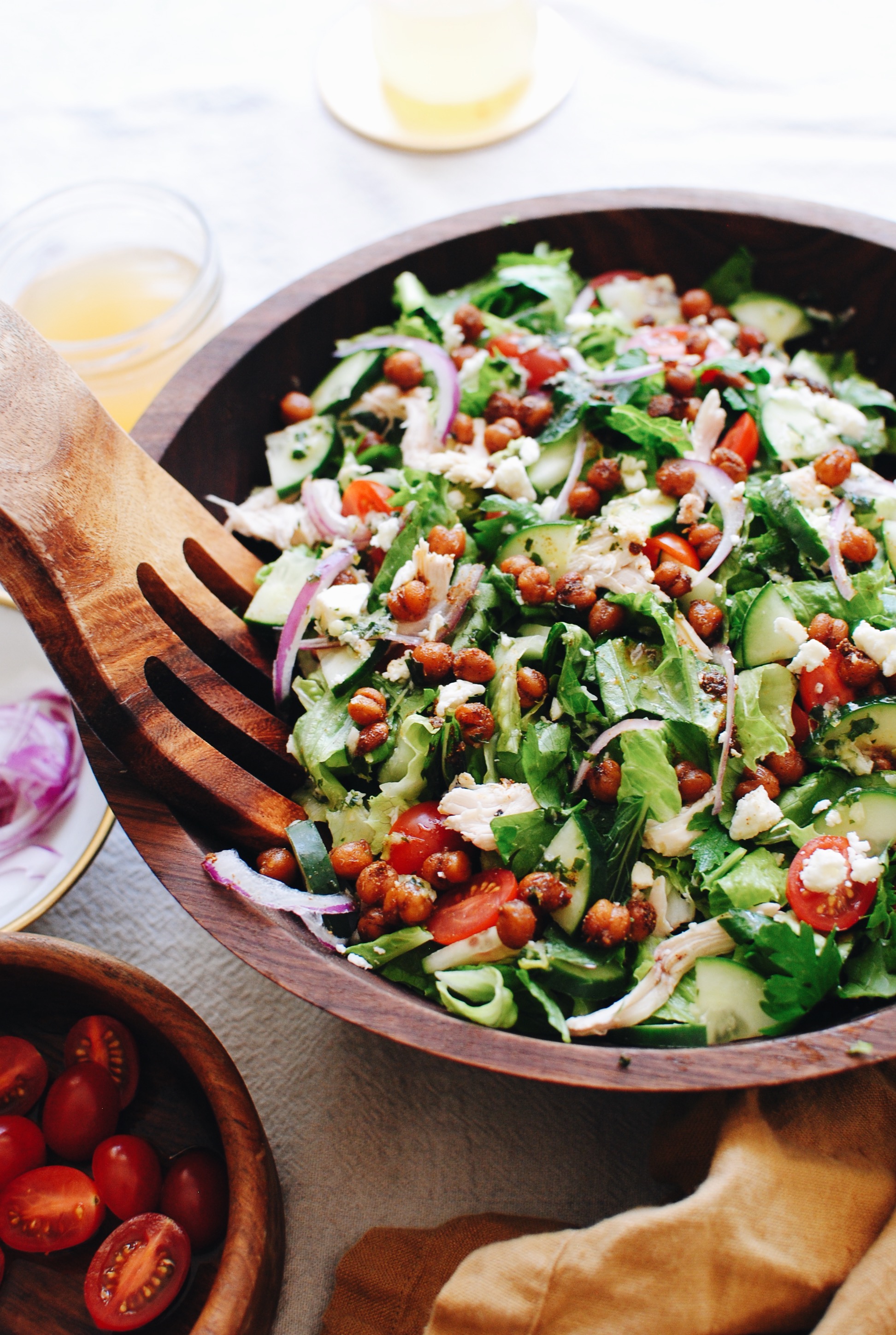 Loaded Greek Salad with Chicken and Crispy Chickpeas / Bev Cooks