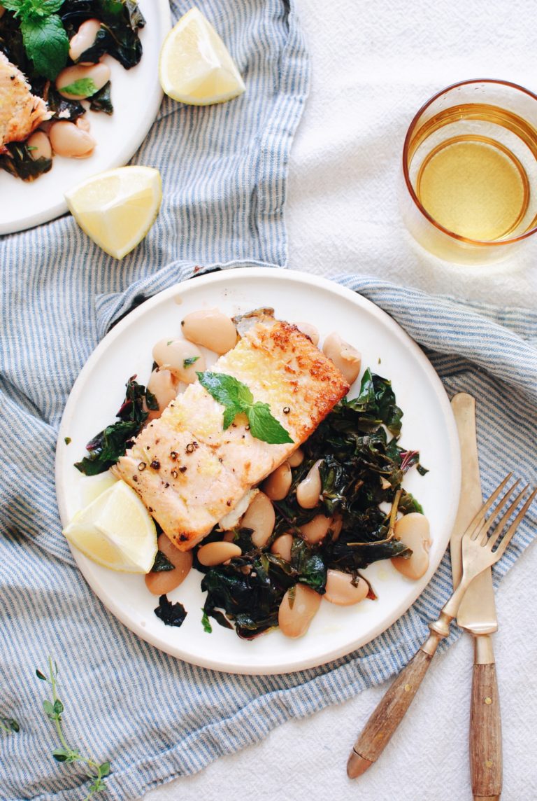 Broiled Salmon with Swiss Chard and Butter Beans | Bev Cooks