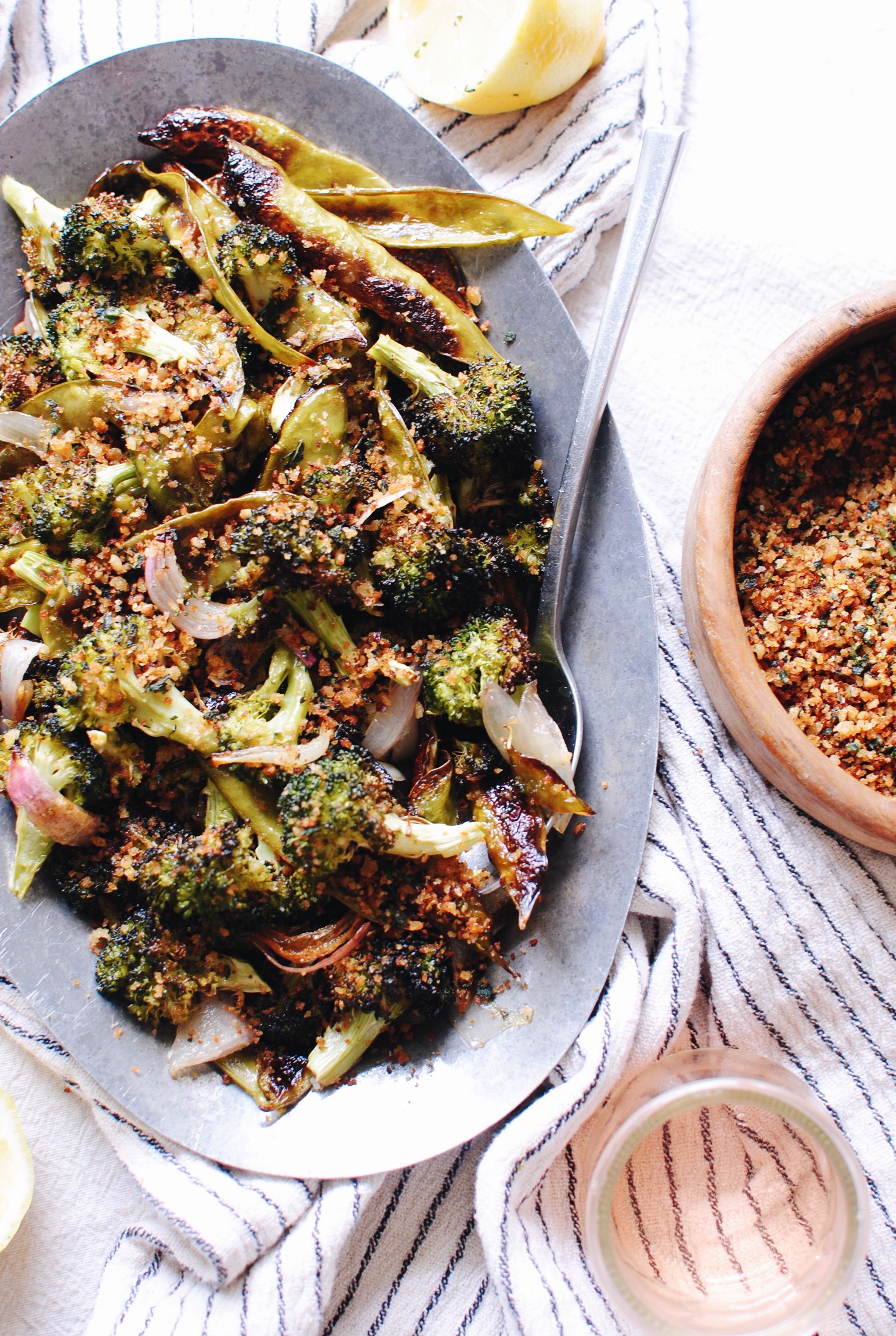 Roasted Broccoli and Snow Peas with Garden Breadcrumbs / Bev Cooks