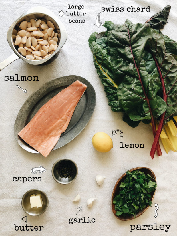 Broiled Salmon with Swiss Chard and Butter Beans | Bev Cooks