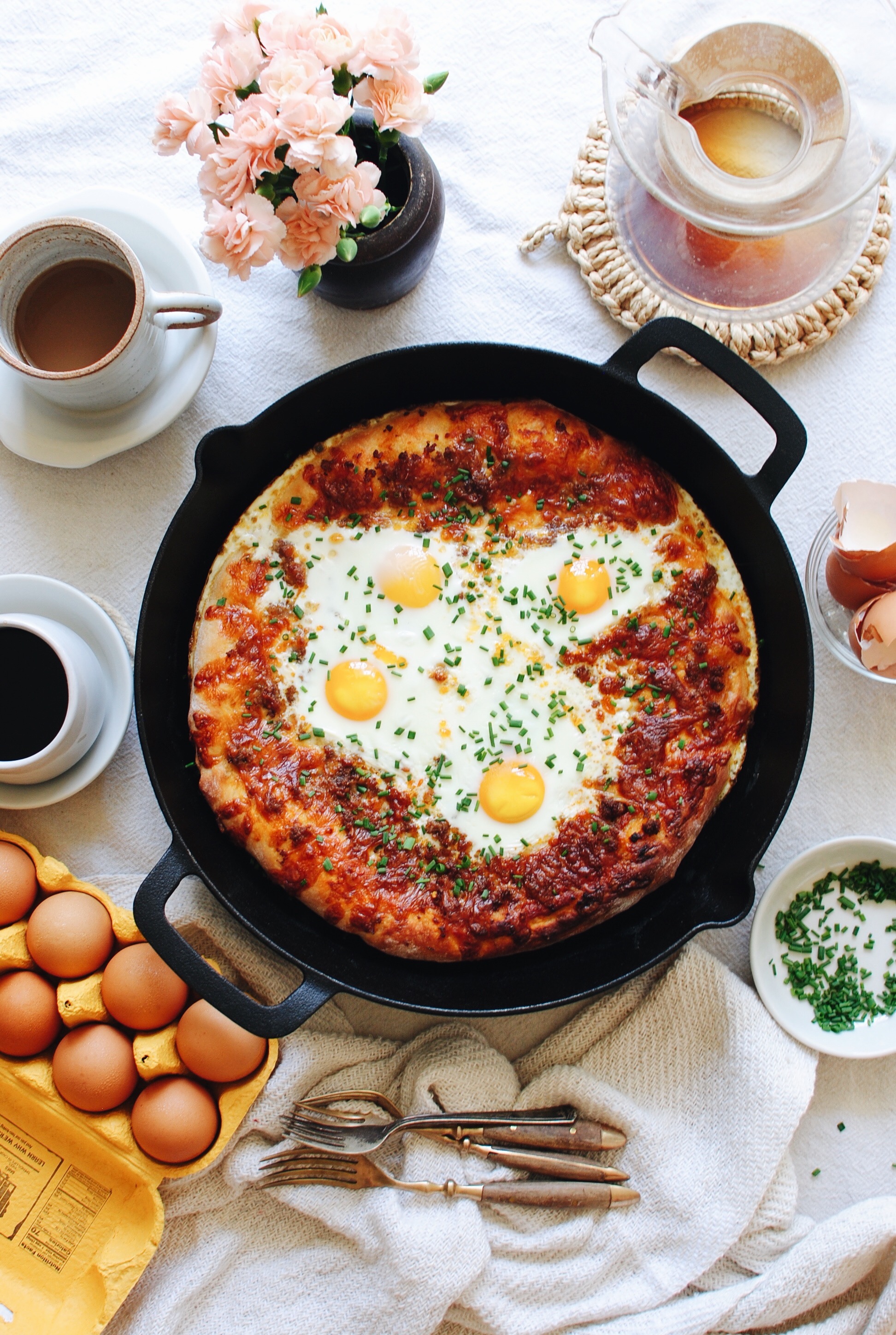 Breakfast Pizza with Sausage and Eggs / Bev Cooks