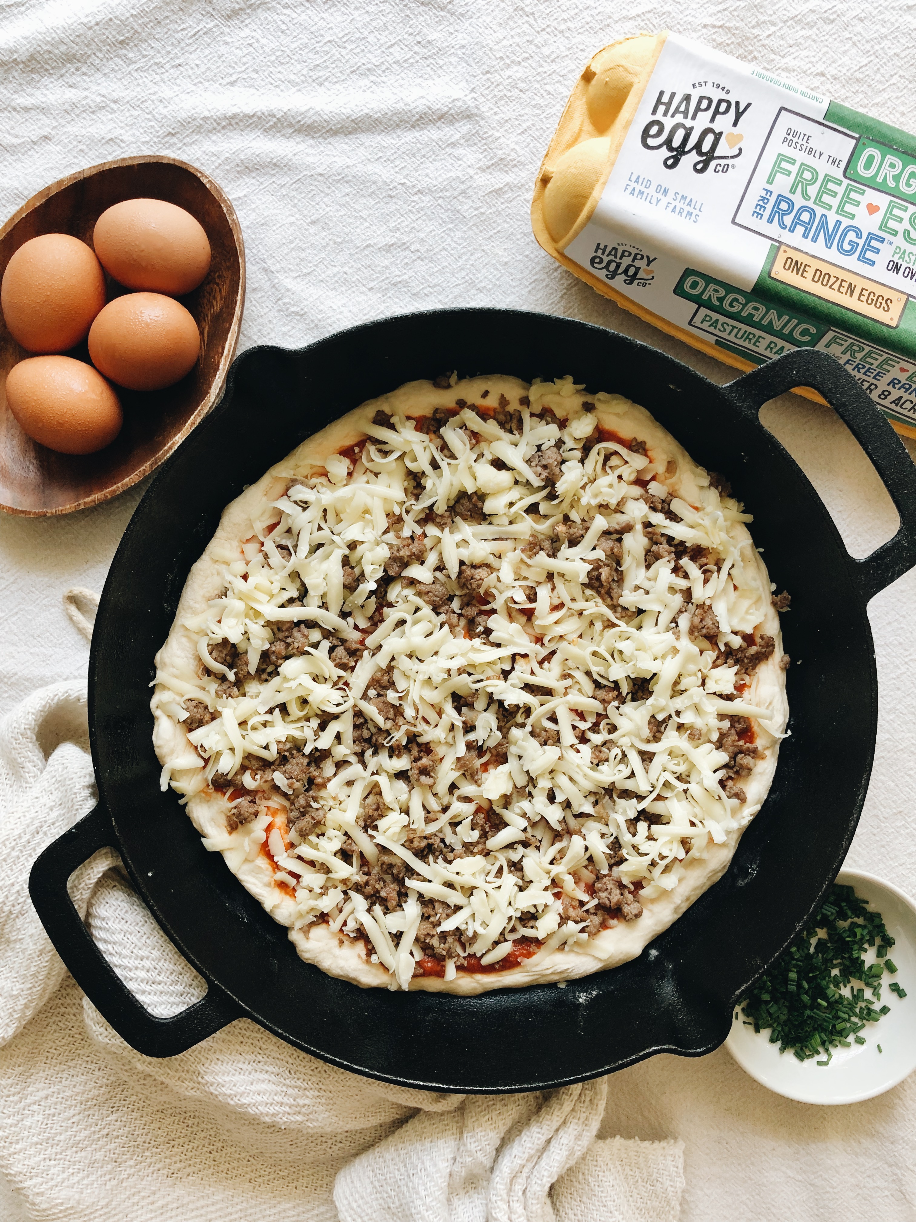 Breakfast Pizza with Sausage and Eggs / Bev Cooks