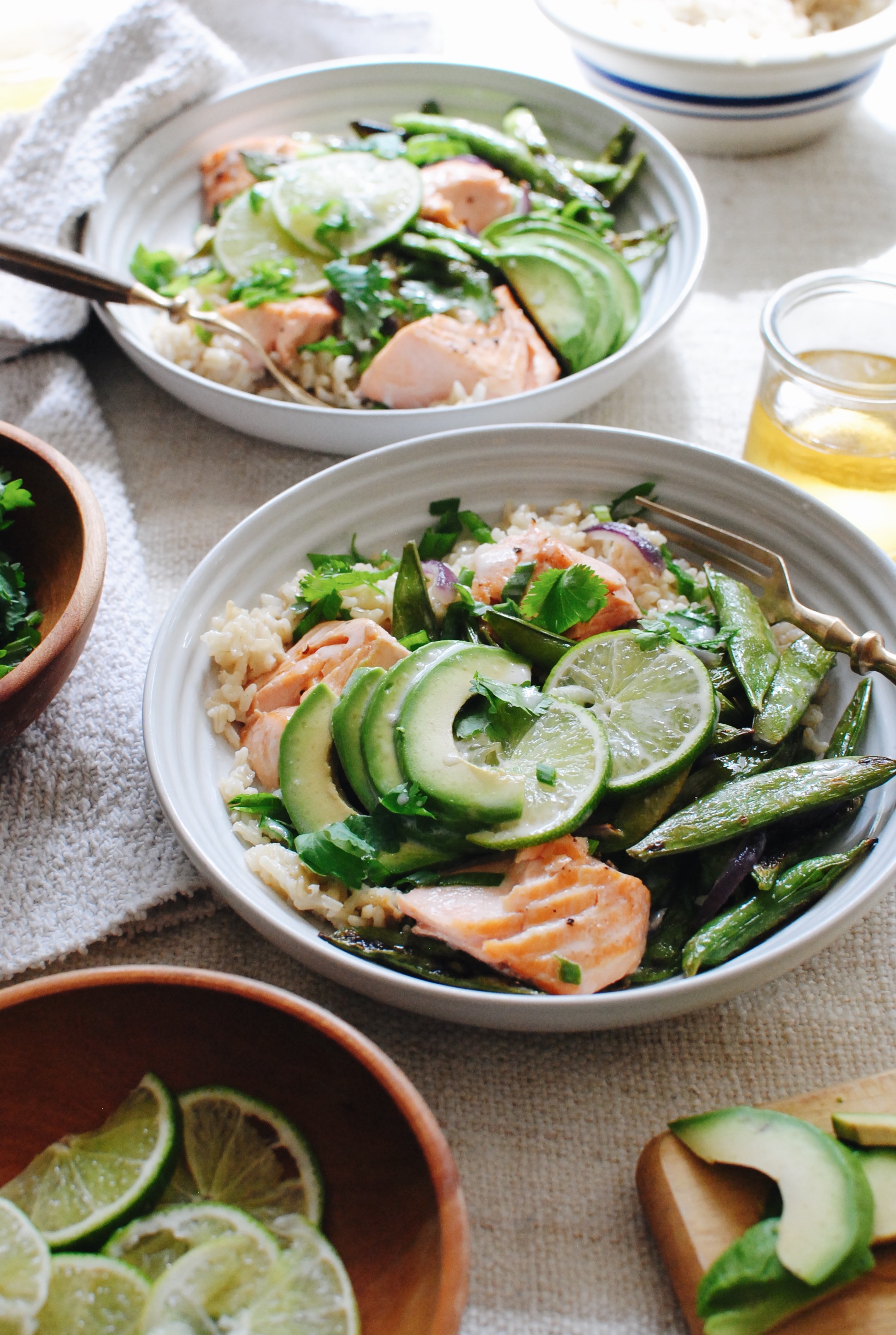 Coconut Salmon Rice Bowls with Sugar Snap Peas / Bev Cooks