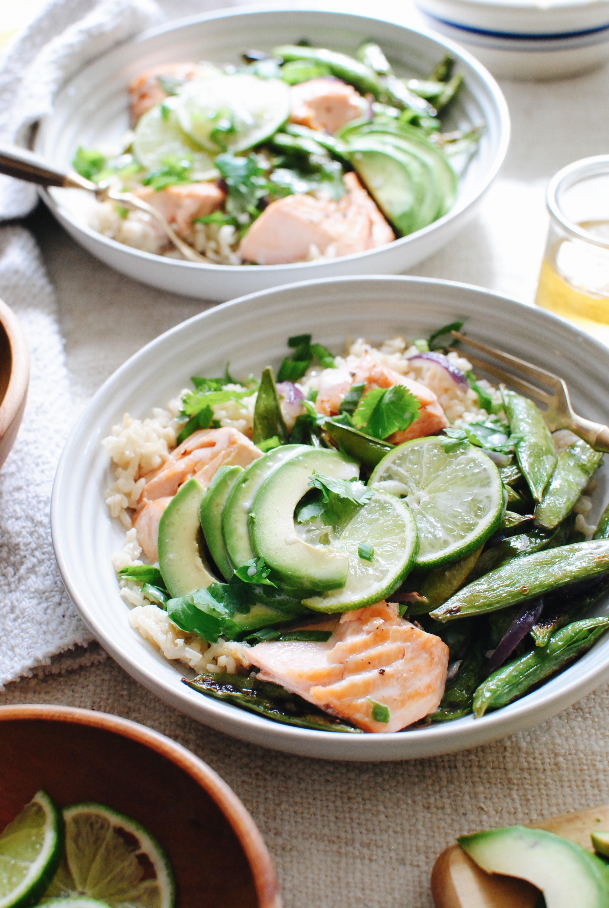 Coconut Salmon Rice Bowls with Sugar Snap Peas / Bev Cooks