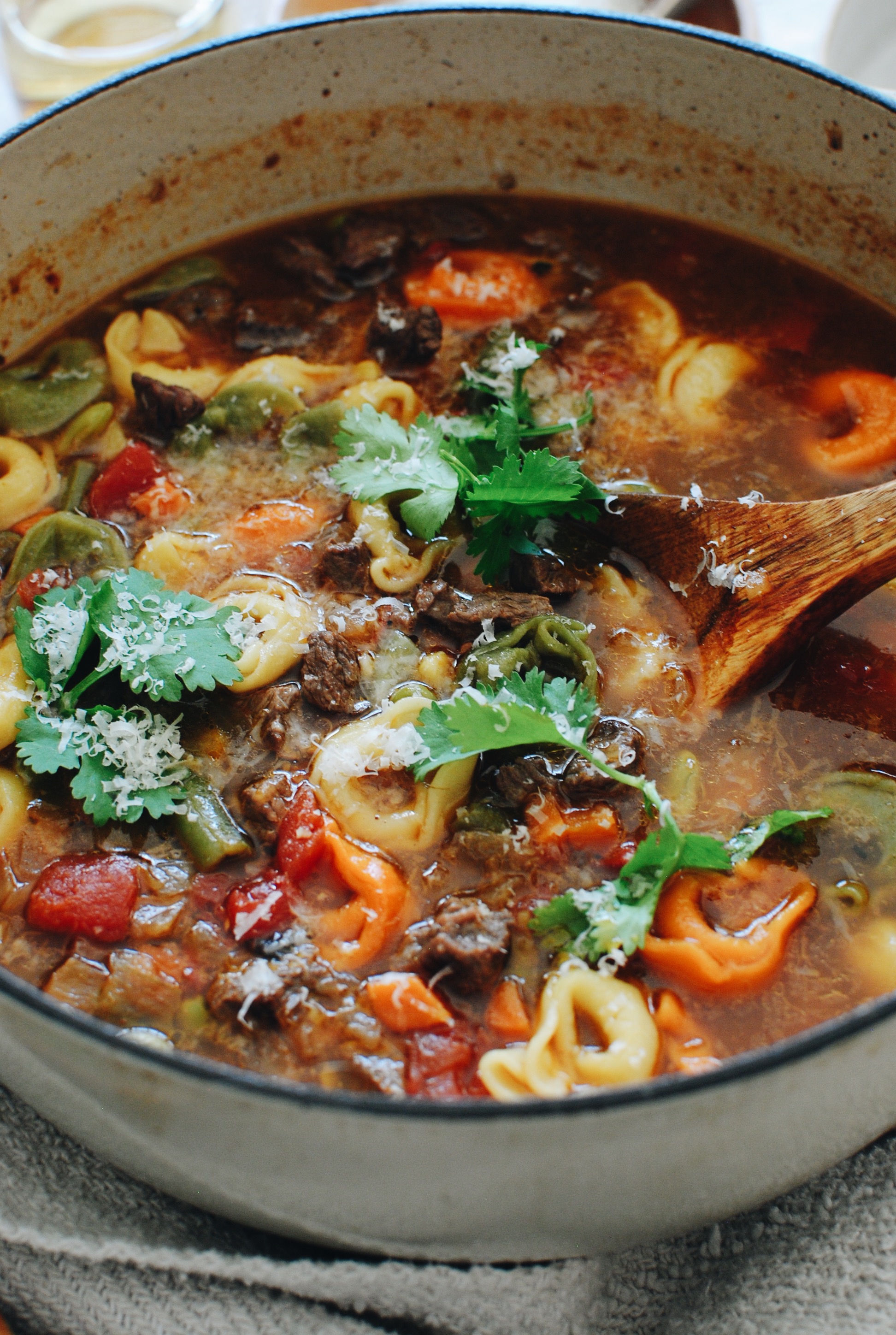 Tortellini Soup with Steak and Veggies / Bev Cooks