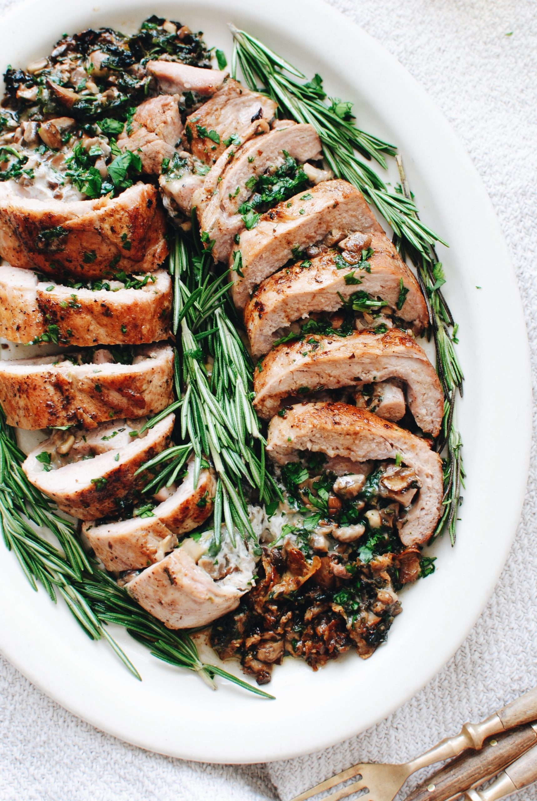 Spinach and Mushroom Stuffed Pork Tenderloin - Bev Cooks